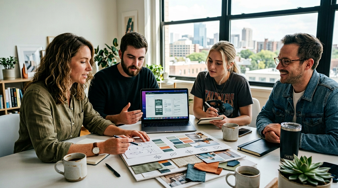 Creative marketing team collaborating around a minimalist table with laptops and brand mood boards in natural light