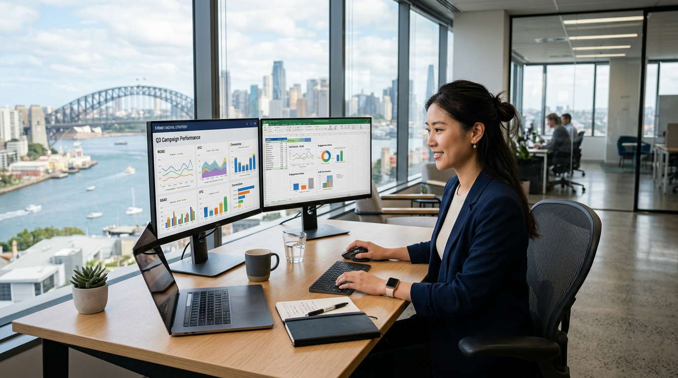 Marketing strategist analysing digital campaign data on monitors in a modern Sydney office
