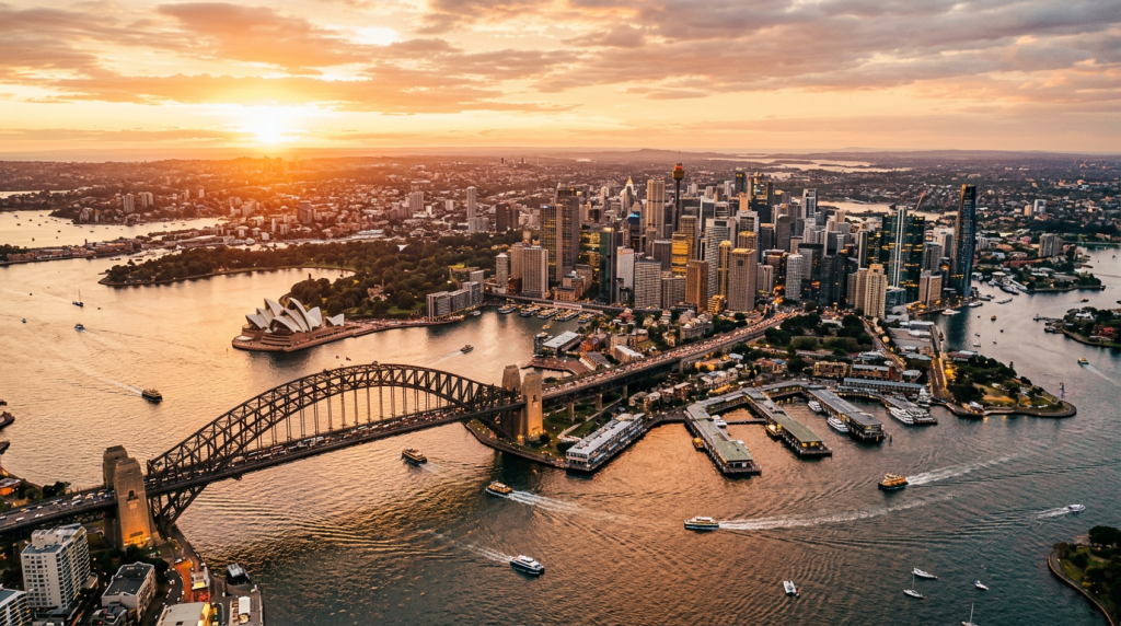 Aerial view of Sydney CBD skyline at golden hour with harbour reflections