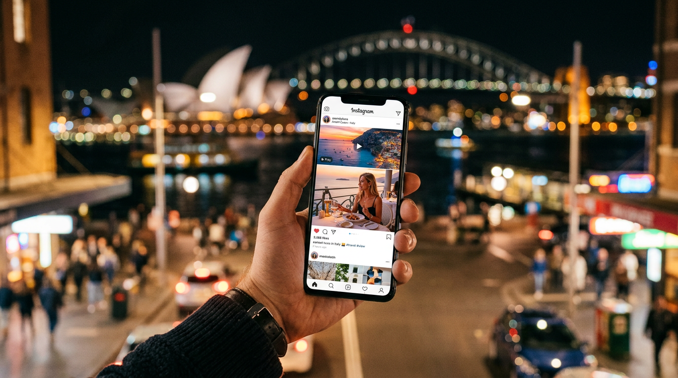 Smartphone displaying social media and video content against a blurred Sydney city street background