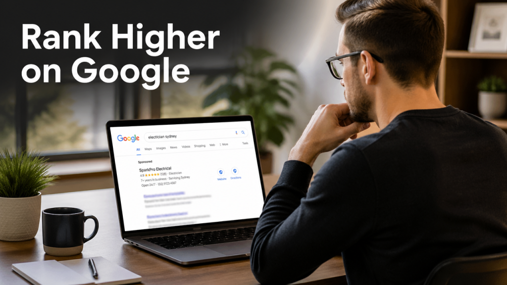 Australian small business owner viewing Google search rankings on laptop - SEO strategy for ranking higher on Google