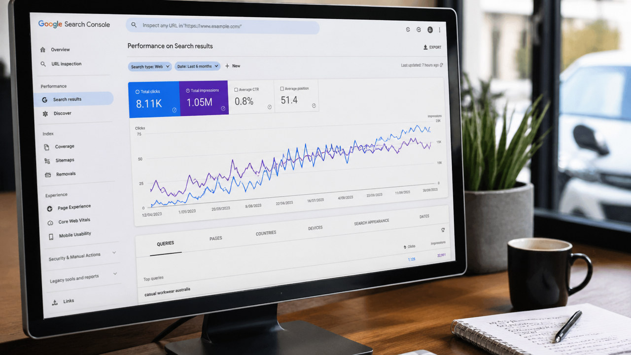 Google Search Console analytics dashboard showing organic traffic growth for an Australian business SEO campaign