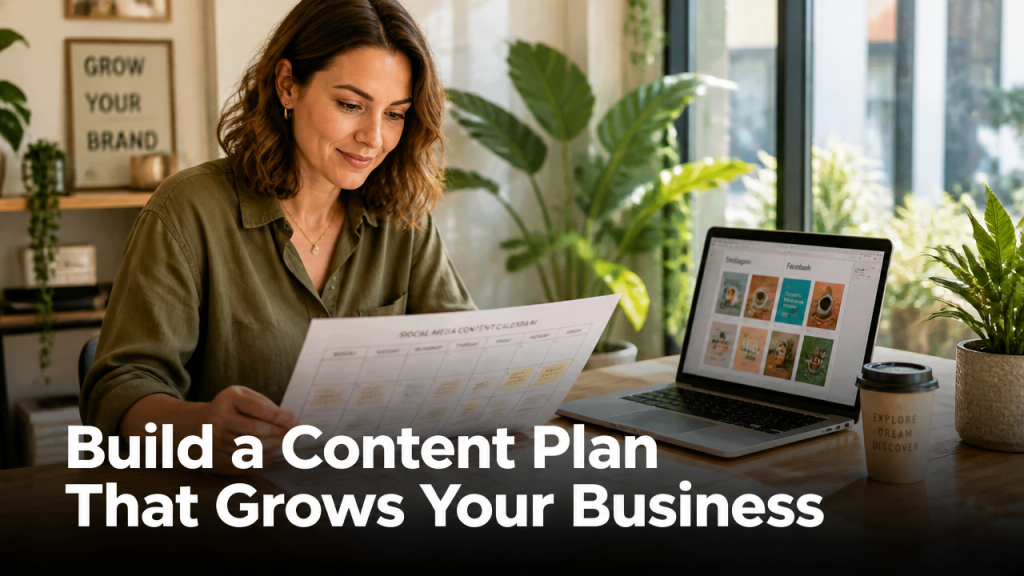 Australian small business owner reviewing a social media content plan at a modern desk - content creation strategy for business growth