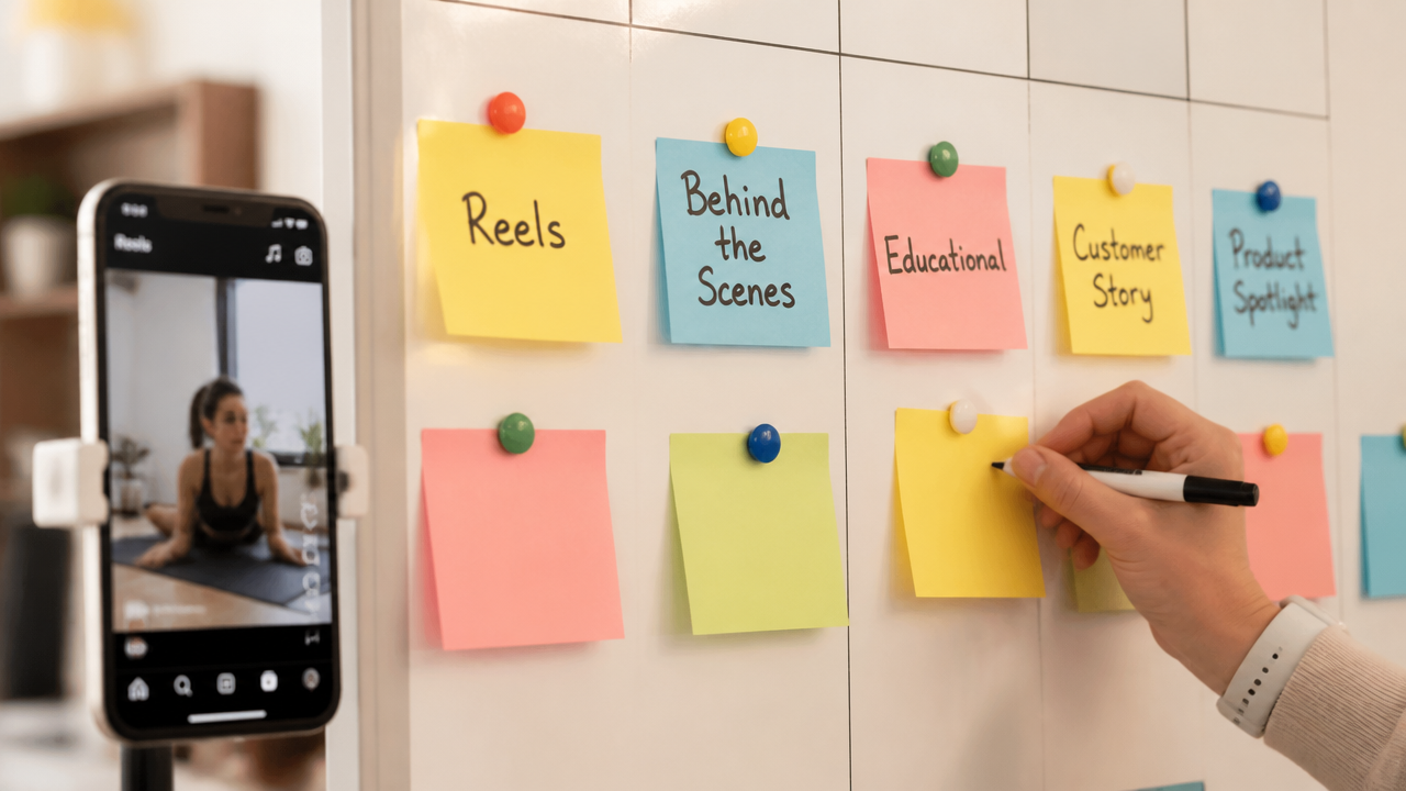 Social media content calendar on a whiteboard with sticky notes for content pillars - planning social media posts for small business