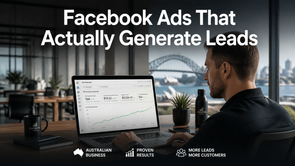 Australian small business owner reviewing Facebook Ads campaign results on a laptop showing lead generation metrics