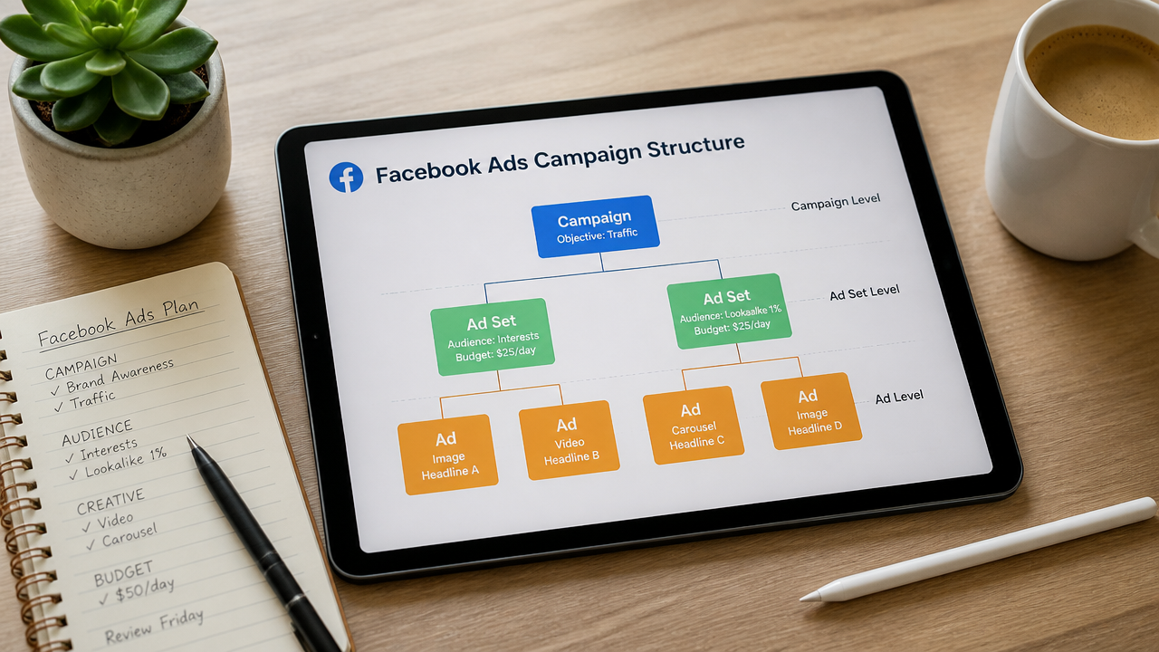 Tablet displaying a Facebook Ads campaign structure diagram on a clean modern desk with notepad and coffee