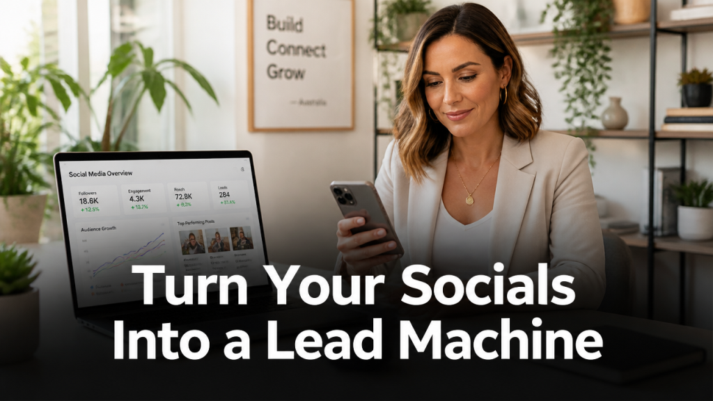 Australian small business owner managing social media profiles on laptop and phone at a modern desk