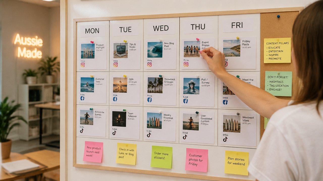 Social media content calendar organised on a whiteboard in a small business office