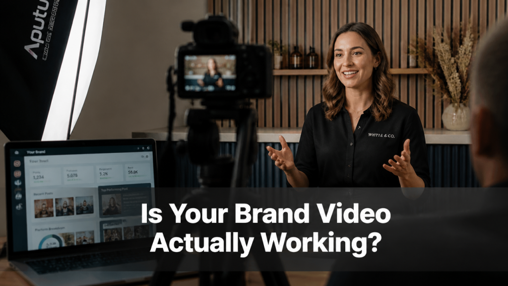 Professional video production setup in an Australian studio with a business owner being filmed, with the text overlay: Is Your Brand Video Actually Working?