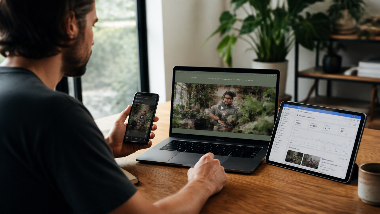 Australian small business owner reviewing brand video content across social media, website, and ads on multiple devices at a modern timber desk