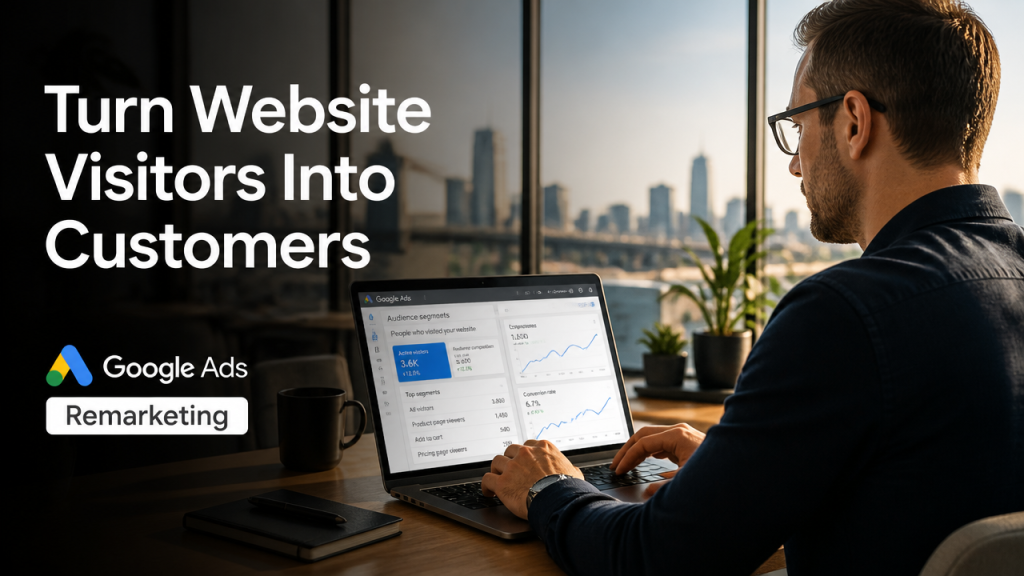 Australian business owner reviewing Google Ads remarketing campaign analytics on a laptop with conversion data charts