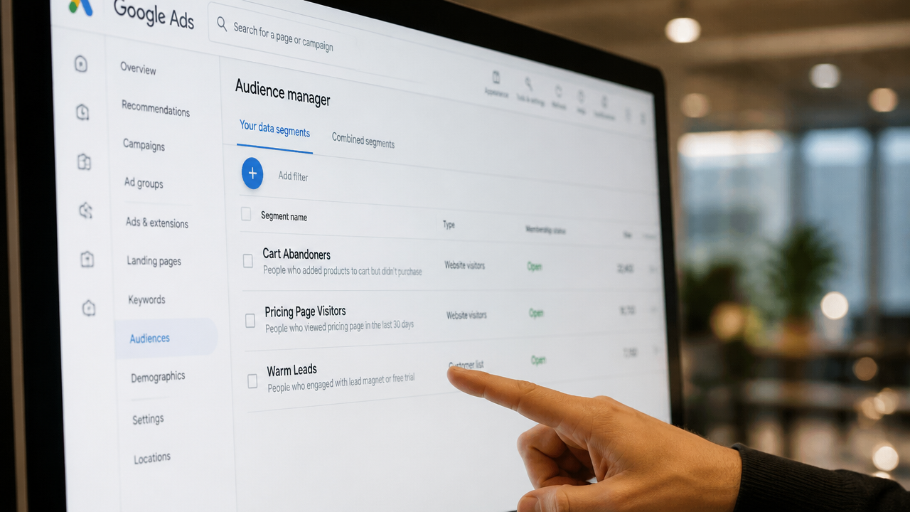 Google Ads audience segmentation interface showing remarketing lists for cart abandoners and warm leads on a touchscreen display