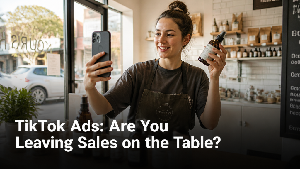 Australian small business owner filming a TikTok video ad in a modern boutique store, holding a smartphone with natural window light