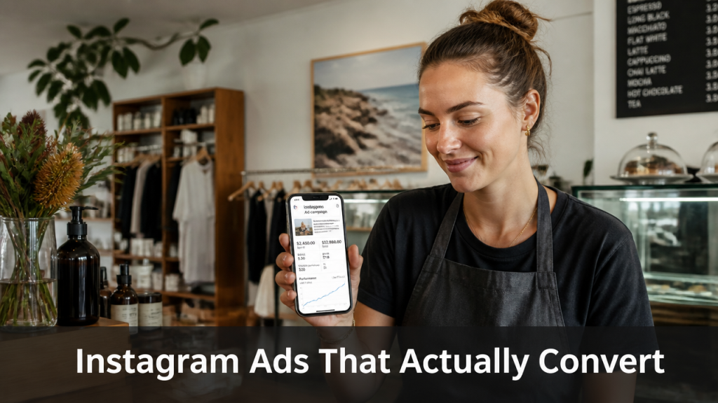 Australian small business owner reviewing Instagram ad campaign results on a phone in a modern retail space