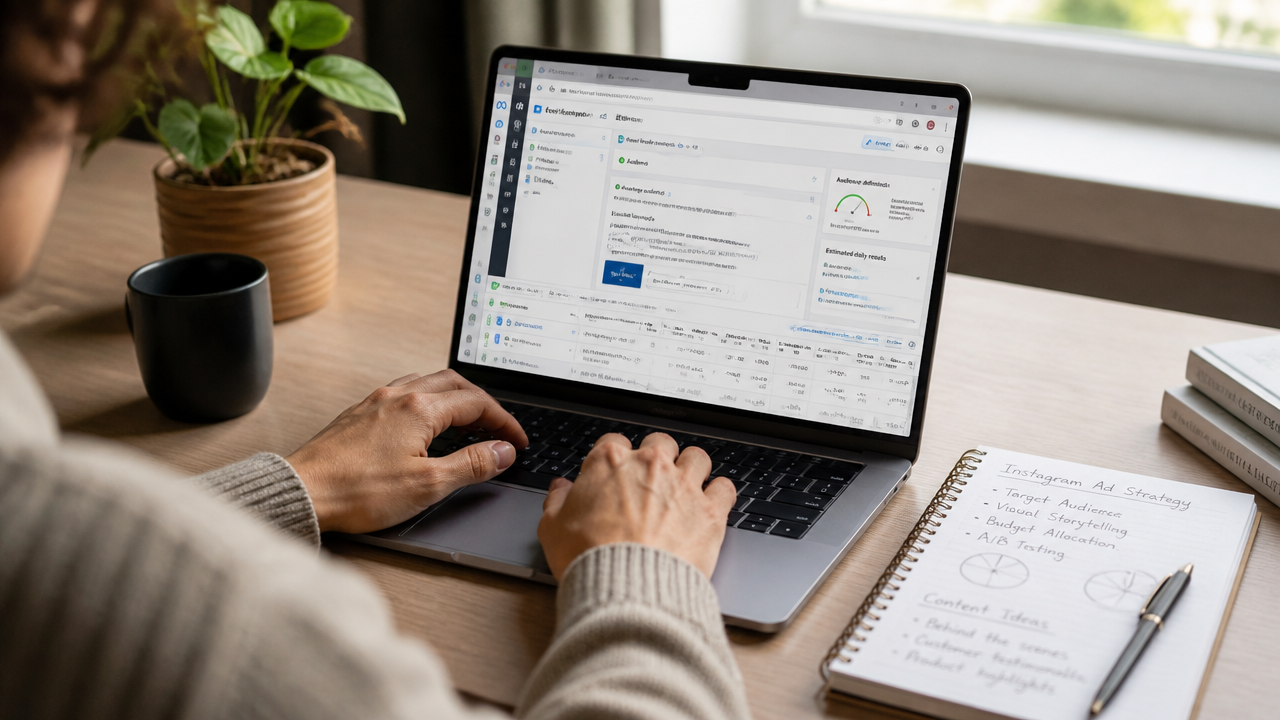 Marketer setting up an Instagram ad campaign targeting in Meta Ads Manager on a laptop