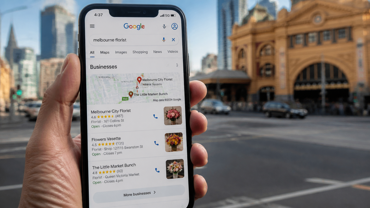 Smartphone showing Google Maps local pack results for small businesses in Australia