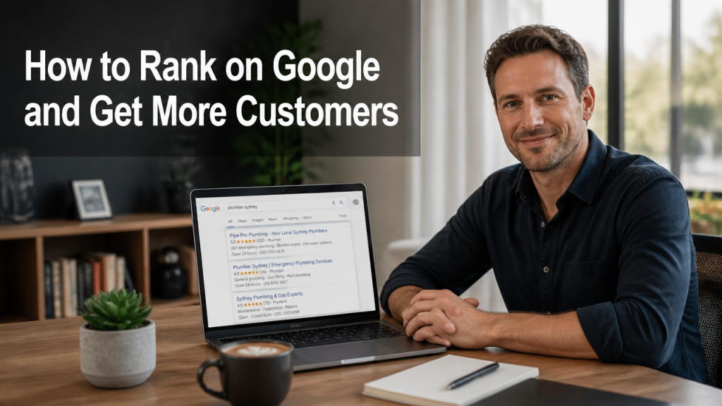Australian small business owner reviewing Google search rankings on laptop to improve local SEO