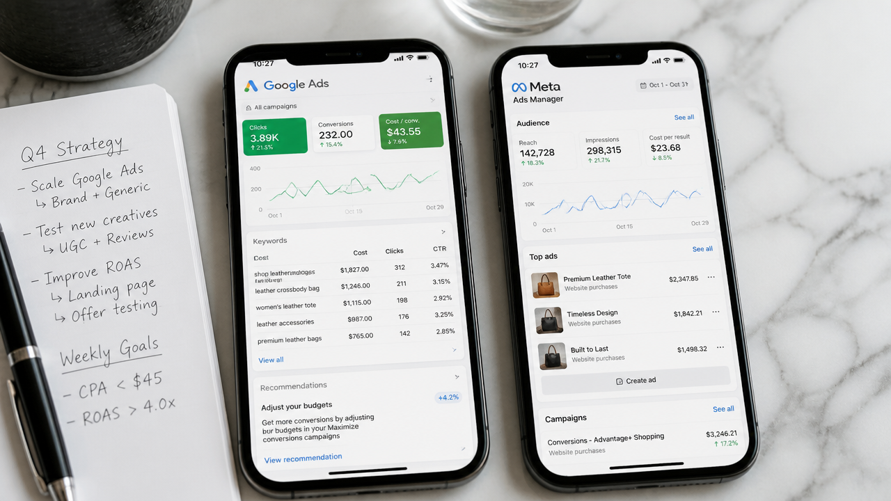 Google Ads and Meta Ads dashboards displayed on smartphones for Australian small business PPC strategy comparison