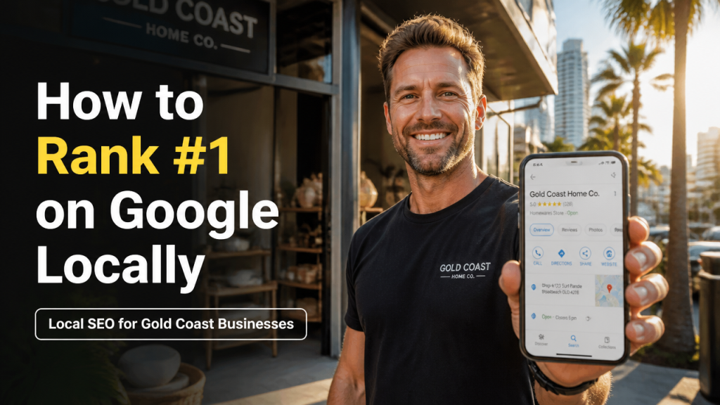 Gold Coast small business owner checking their Google Maps local SEO ranking on a smartphone outside their shopfront