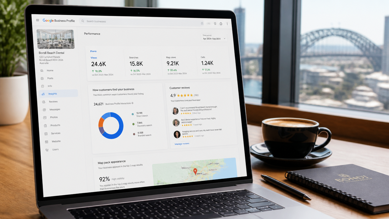 Laptop screen showing a Google Business Profile dashboard with local SEO rankings and 5-star customer reviews