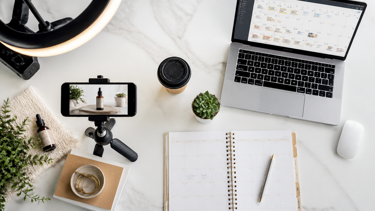 Flat-lay of a social media content creation workspace with smartphone, ring light, content calendar and laptop
