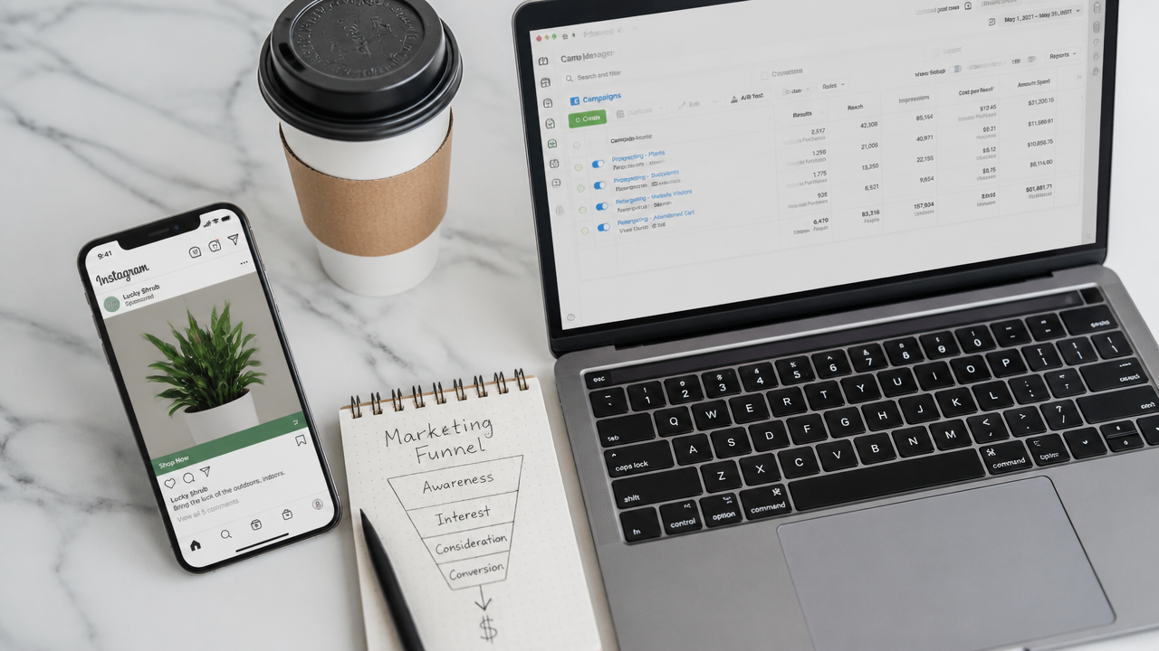 Multi-platform social media advertising planning setup with Instagram and Facebook Ads dashboards on desk