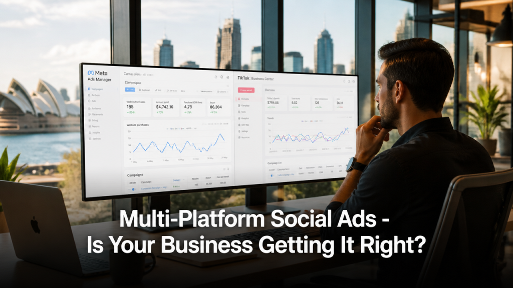 Australian small business owner reviewing social media advertising dashboards for multi-platform ad strategy in Sydney