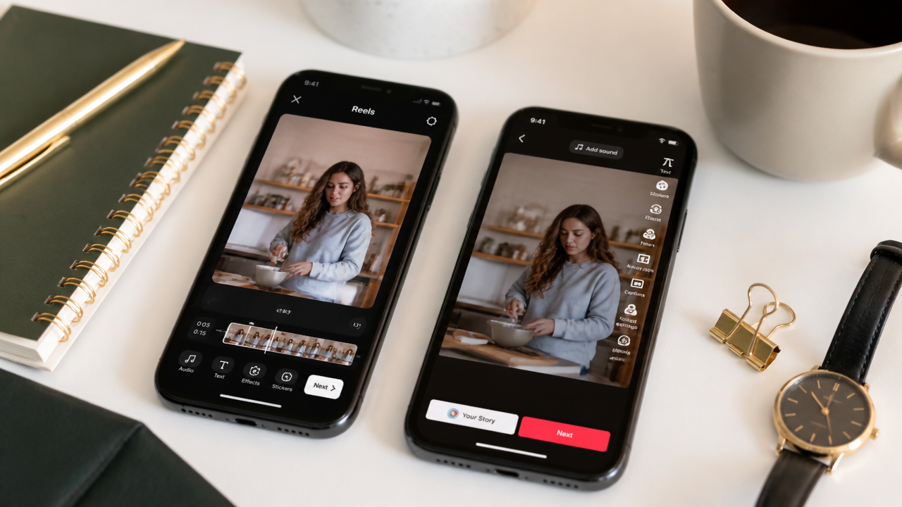 Side-by-side comparison of Instagram Reels and TikTok video editing interfaces on two smartphones