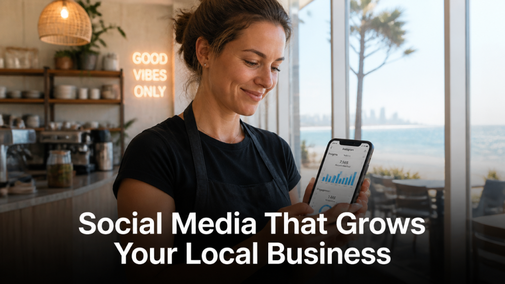 Gold Coast small business owner reviewing social media analytics on their phone inside a modern café