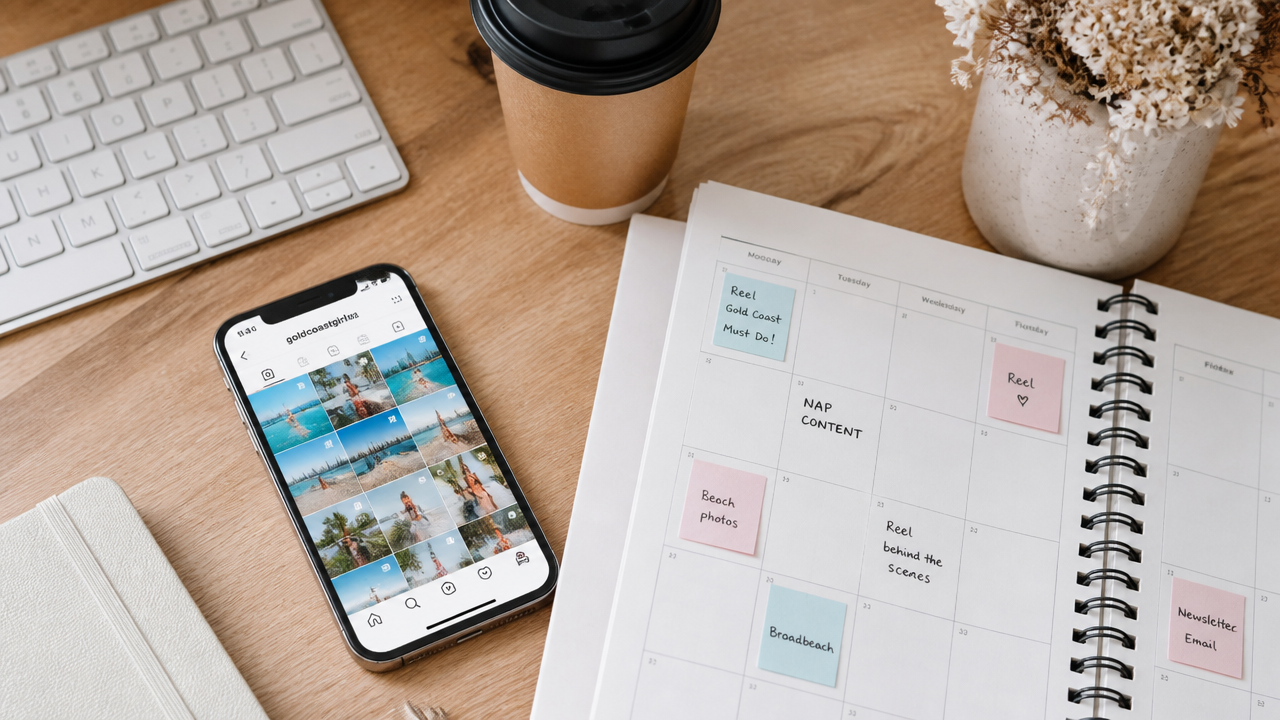 Social media content planning workspace with smartphone showing Instagram feed and content calendar notebook