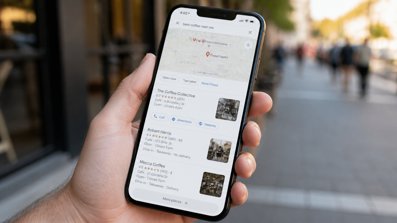 Smartphone displaying a Google Maps local pack result with 5-star reviews for an Australian small business