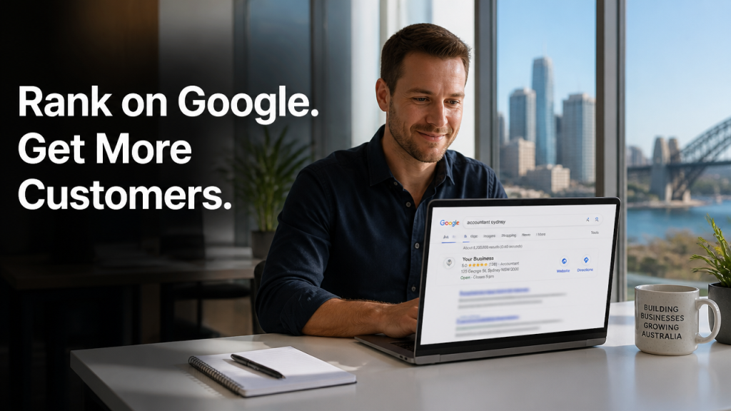 Australian small business owner reviewing Google search rankings on a laptop in a bright Sydney office