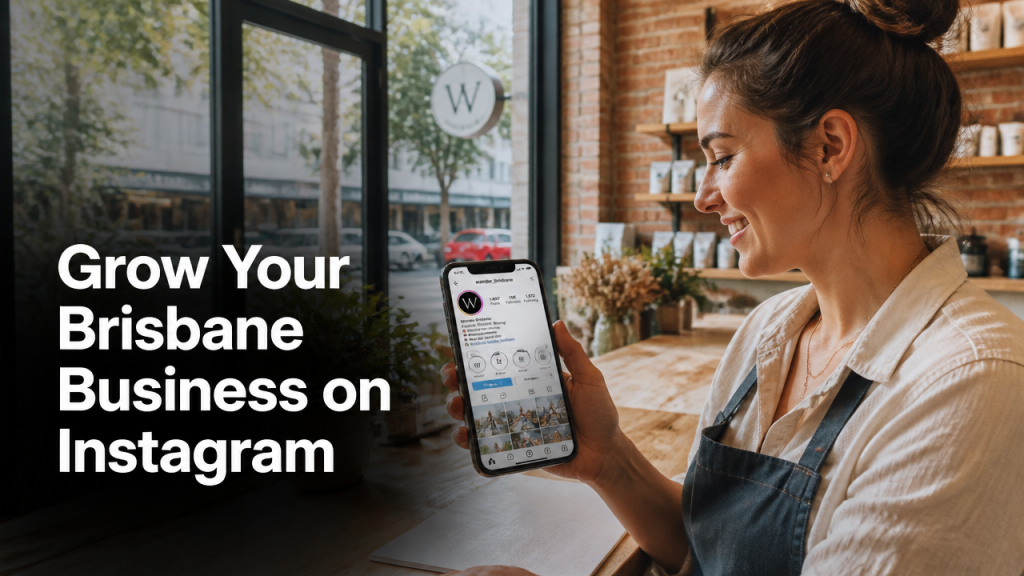 Brisbane small business owner using Instagram strategy on smartphone in a modern cafe setting