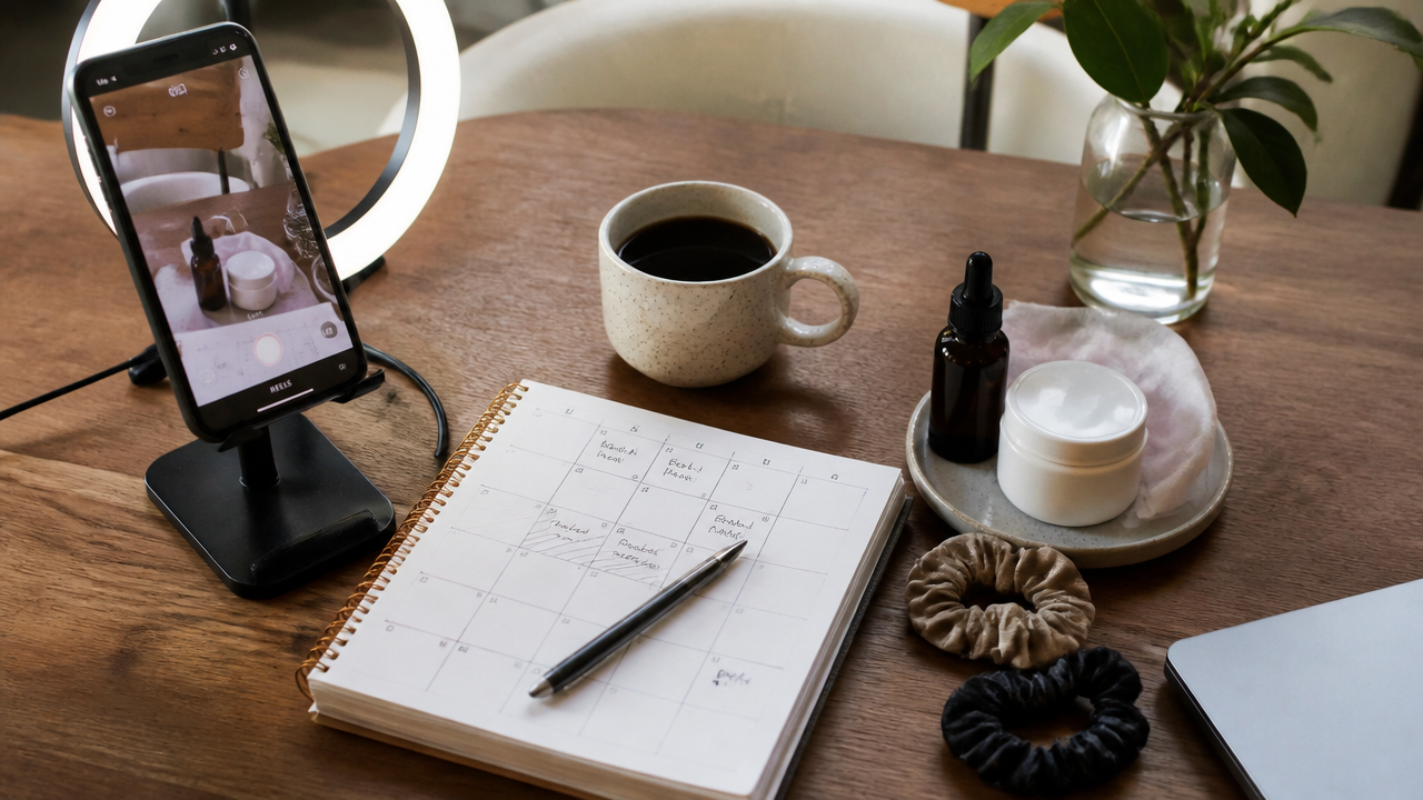 Instagram content creation setup for a small Brisbane business with smartphone, ring light and content calendar