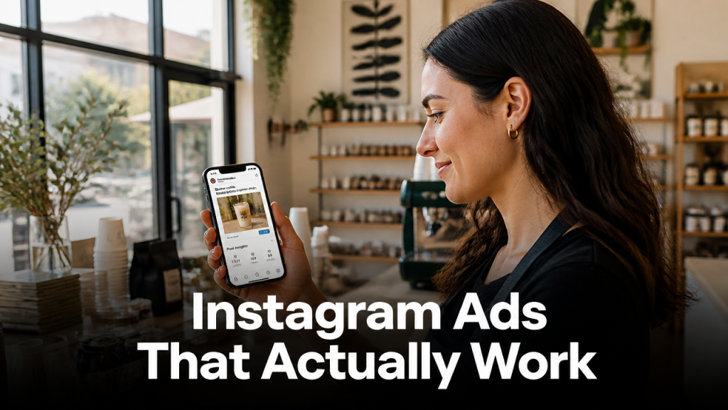 Australian small business owner reviewing Instagram ads performance on smartphone in a stylish modern shop