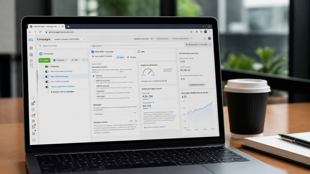Meta Ads Manager dashboard showing Instagram campaign targeting and ROAS performance analytics on a laptop