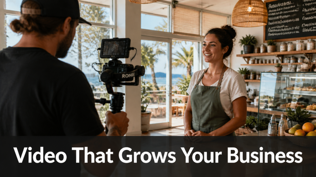 Professional videographer filming a small business owner inside a modern Gold Coast cafe for social media video content
