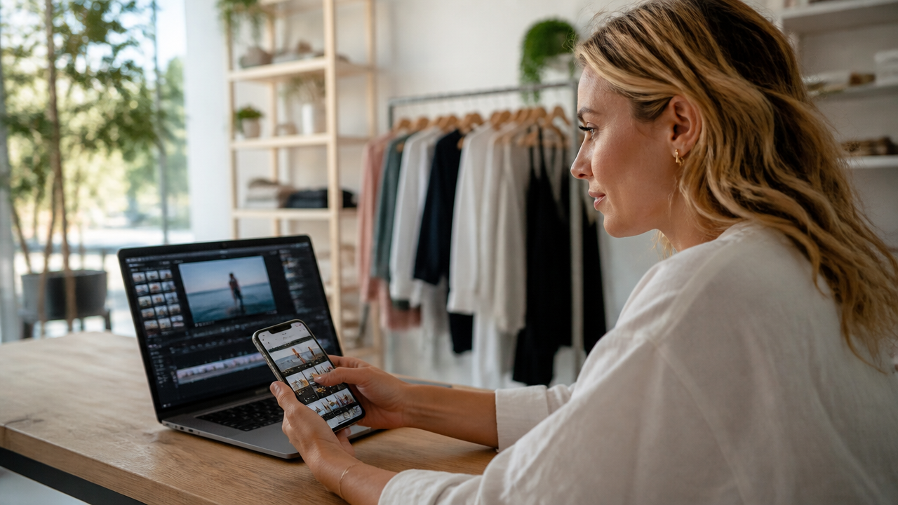 Small business owner reviewing social media video content on a phone and laptop in a bright modern workspace