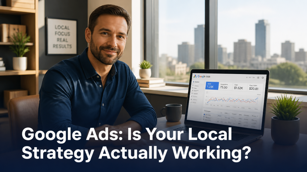 Small business owner reviewing Google Ads local search strategy on laptop with urban skyline in background