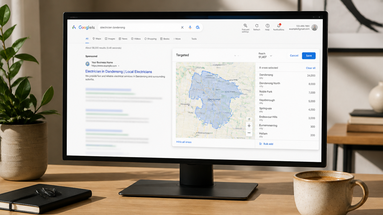 Google Ads campaign dashboard showing local suburb targeting and search results for an Australian small business