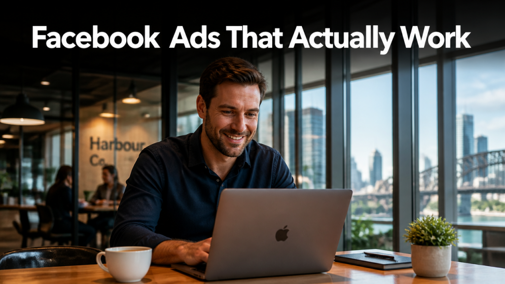 Small business owner reviewing Facebook Ads campaign results on a laptop in a modern Australian office