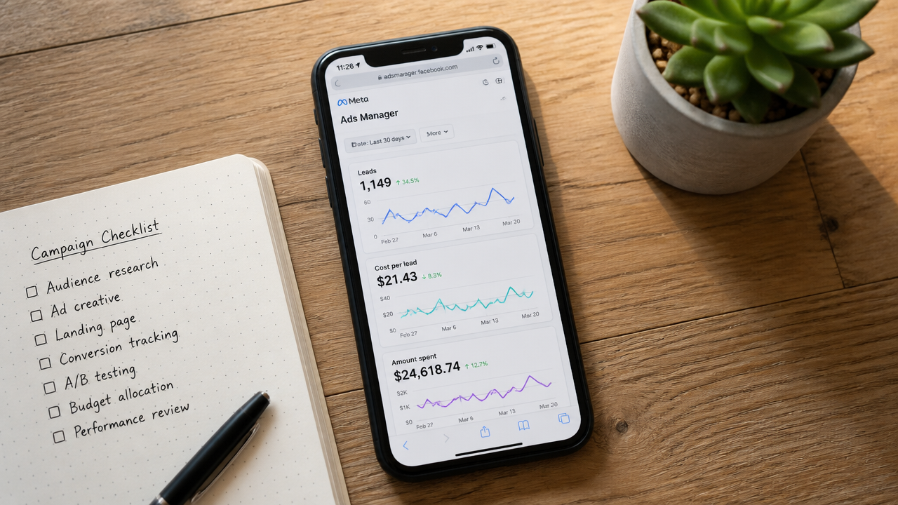 Smartphone showing Meta Ads Manager dashboard with lead generation metrics and campaign checklist on a desk