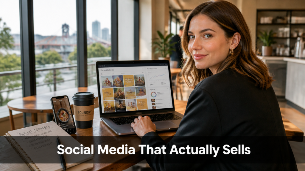 Small business owner planning a social media content strategy at a Brisbane cafe workspace with laptop showing Instagram analytics