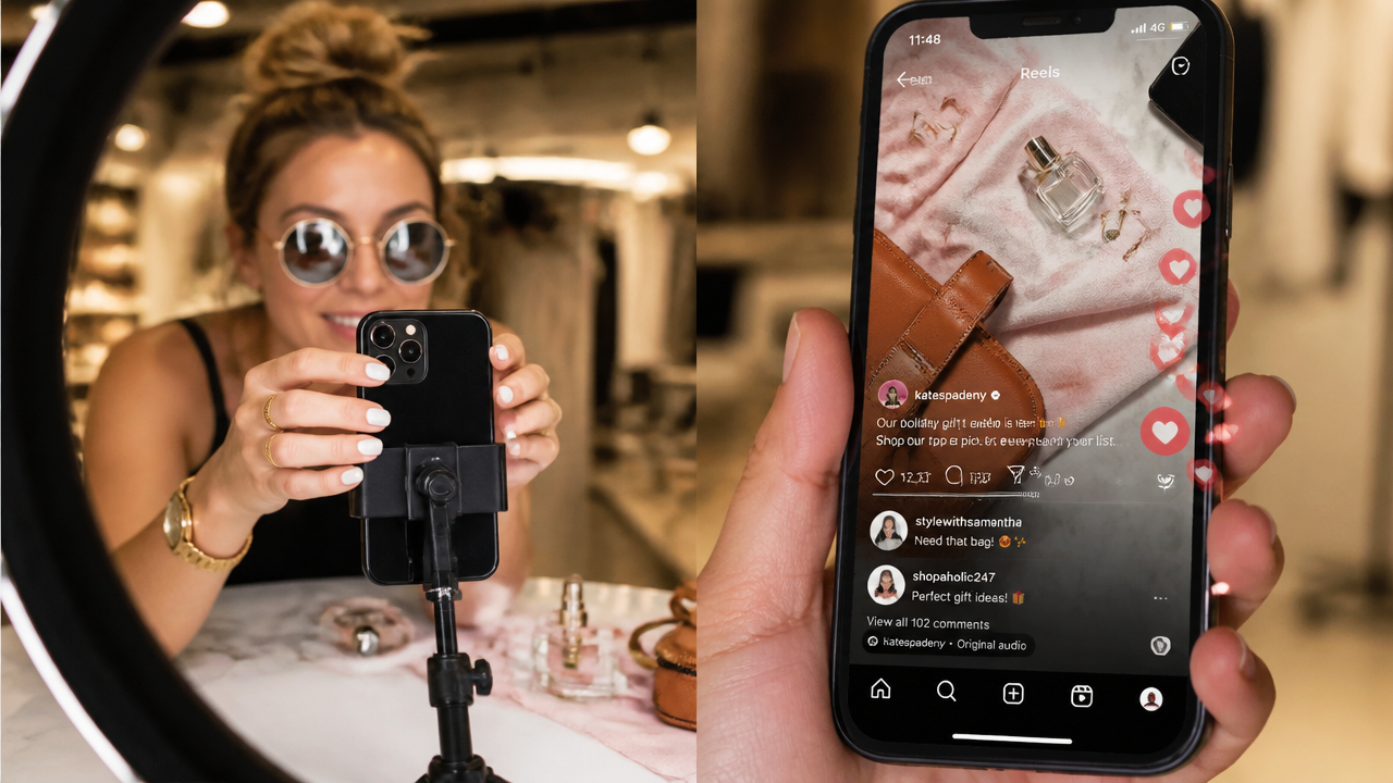 Australian woman filming a short-form social media video on a smartphone with Instagram Reels engagement shown on screen