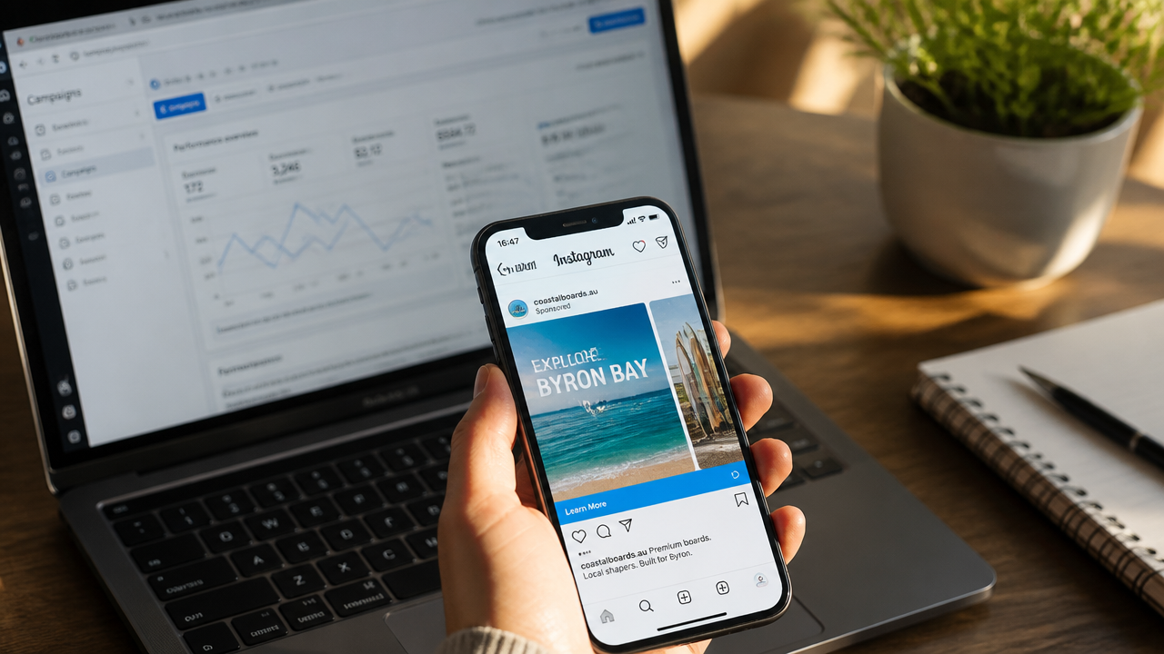Smartphone displaying an Instagram ad creative alongside Meta Ads Manager analytics on a laptop screen