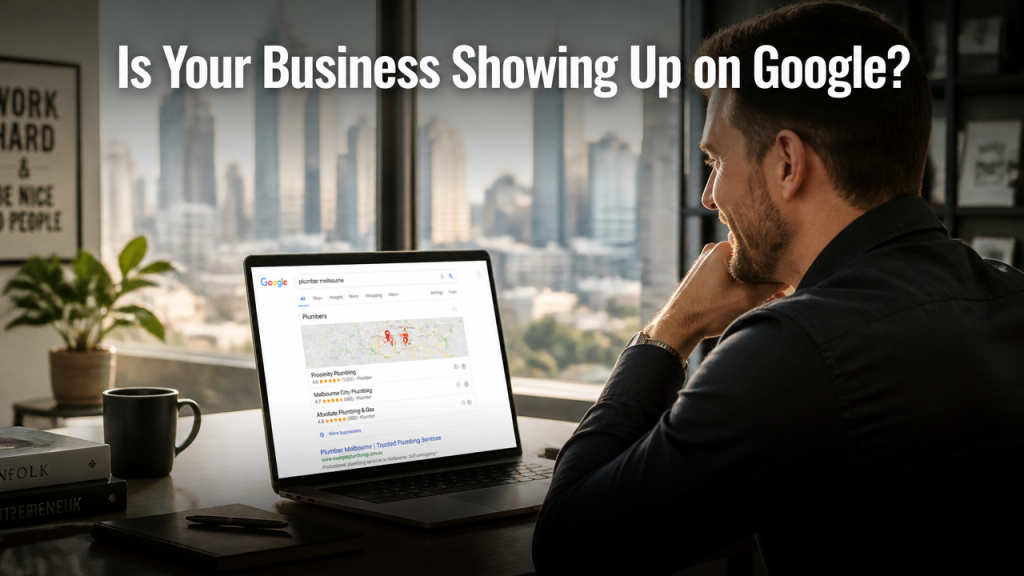 Australian small business owner checking local SEO Google search rankings on a laptop