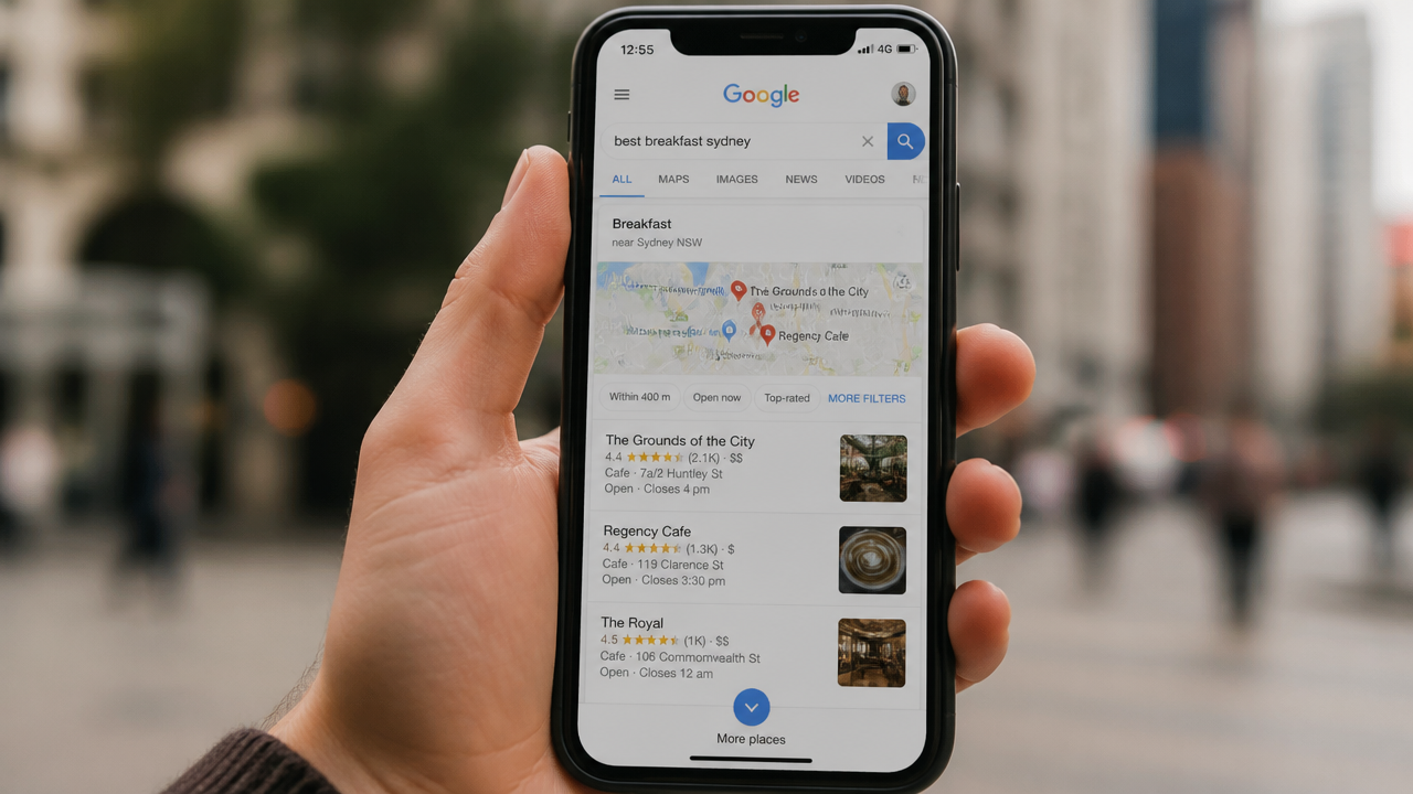 Google Maps local pack results on a smartphone showing small business SEO listings with star ratings