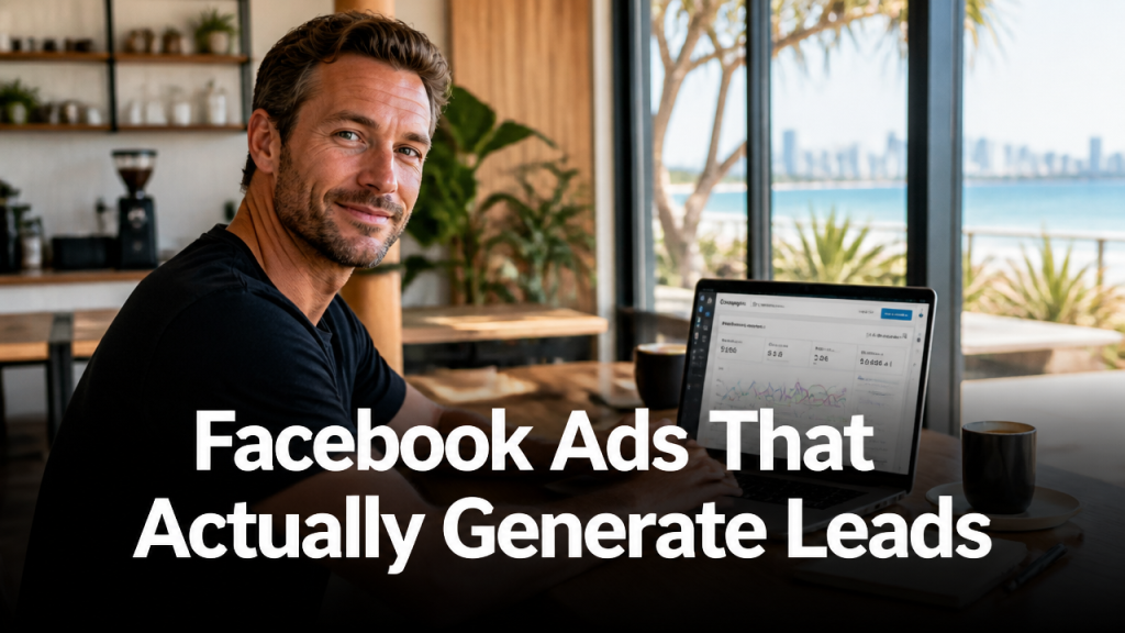Small business owner reviewing Facebook Ads Manager dashboard showing lead generation campaign results on a laptop in a Gold Coast cafe setting