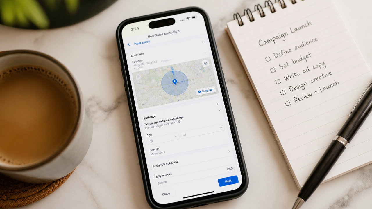Smartphone showing Meta Ads Manager audience targeting and budget settings for a local Facebook ad campaign