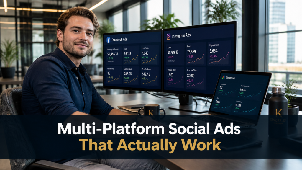 Australian small business owner managing multi-platform social media advertising strategy on modern screens